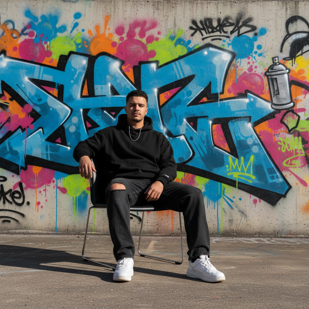 Portrait streetwear urbain devant mur de graffiti coloré