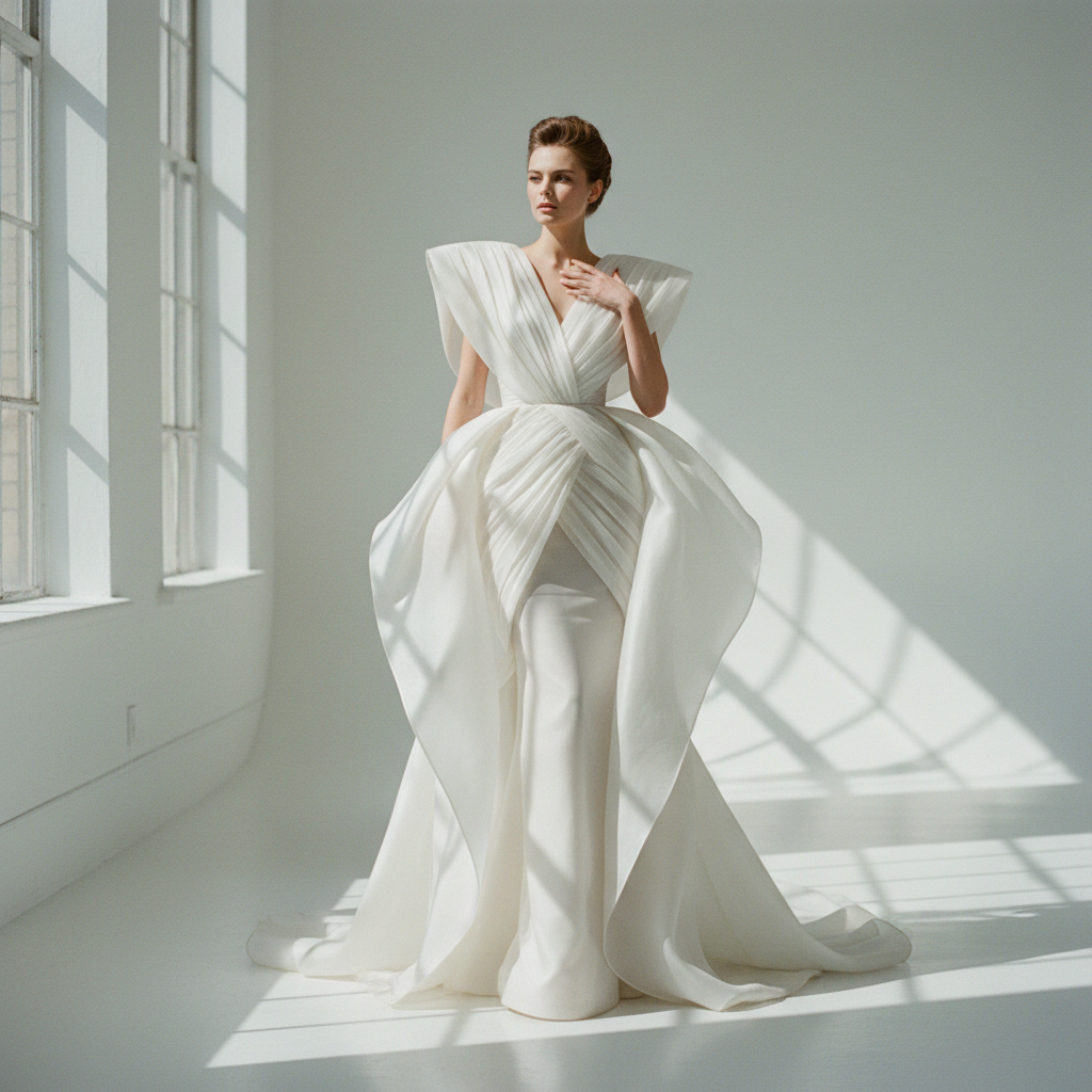 Photographie haute couture avec robe sculpturale blanche et éclairage naturel architectural